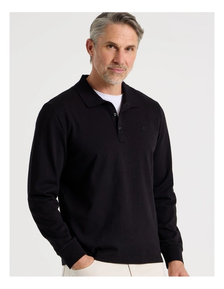 Long Sleeve Pique Polo in Black image 3