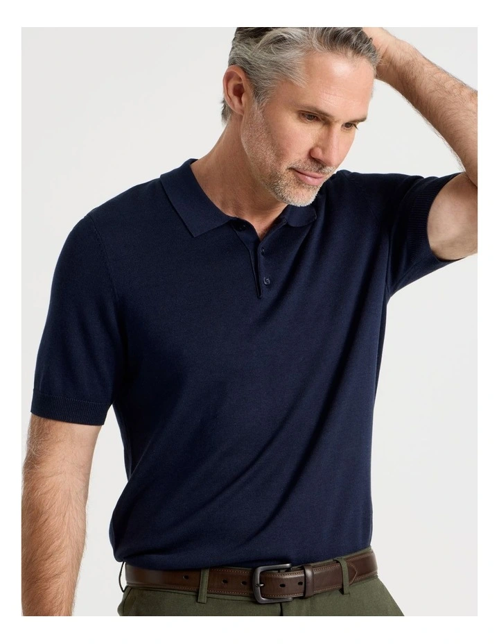 Short Sleeve Knitted Bamboo Cotton Polo in Navy image 3