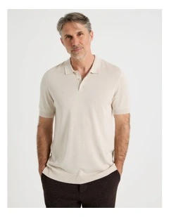 Short Sleeve Knitted Bamboo Cotton Polo in Bone