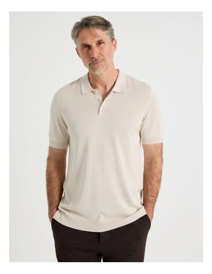 Short Sleeve Knitted Bamboo Cotton Polo in Bone image 1