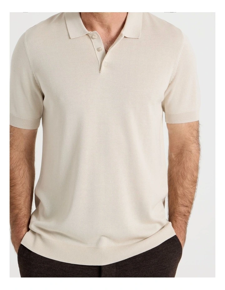 Short Sleeve Knitted Bamboo Cotton Polo in Bone image 5