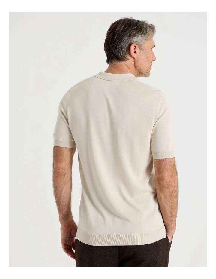 Short Sleeve Knitted Bamboo Cotton Polo in Bone image 6