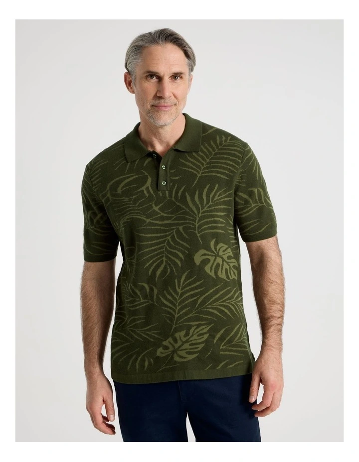 Jacquard Polo in Khaki Leaf Knit image 3
