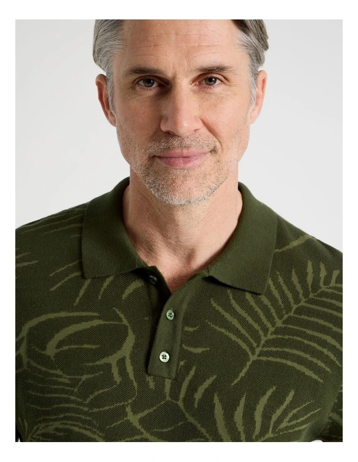 Jacquard Polo in Khaki Leaf Knit image 4