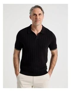 Open Collar Cable Knit Polo in Black
