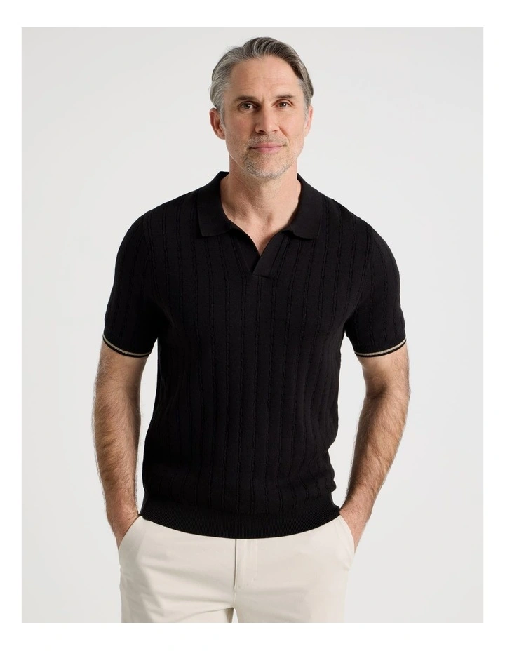 Open Collar Cable Knit Polo in Black image 1
