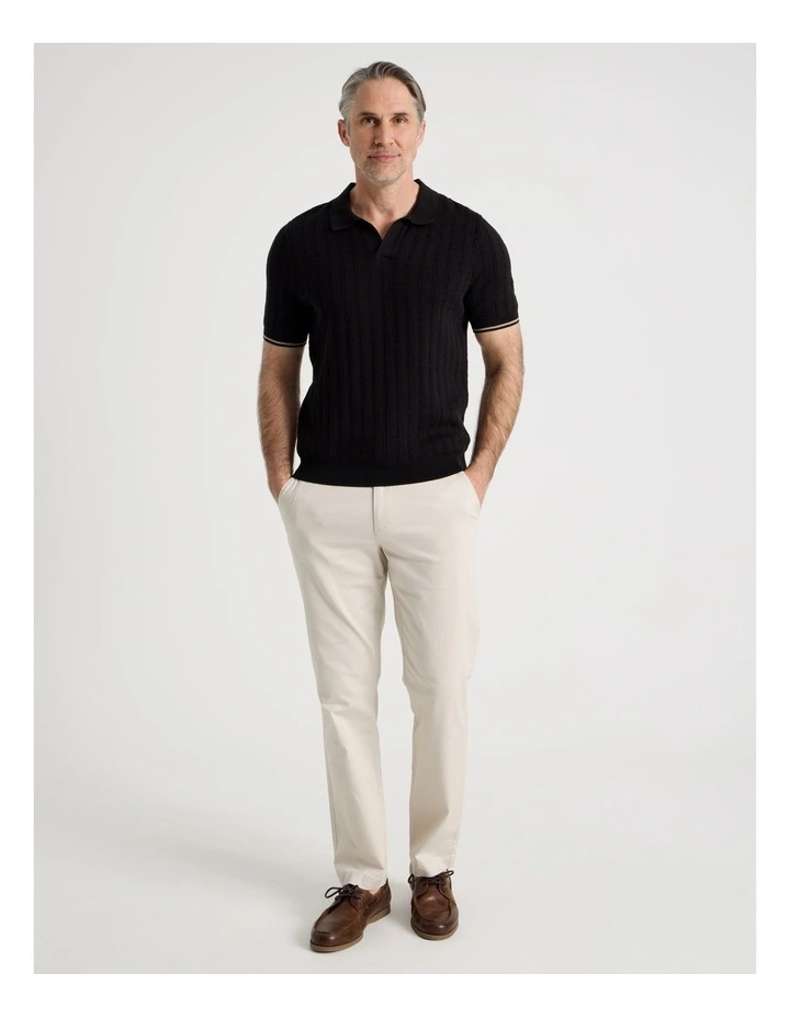 Open Collar Cable Knit Polo in Black image 2