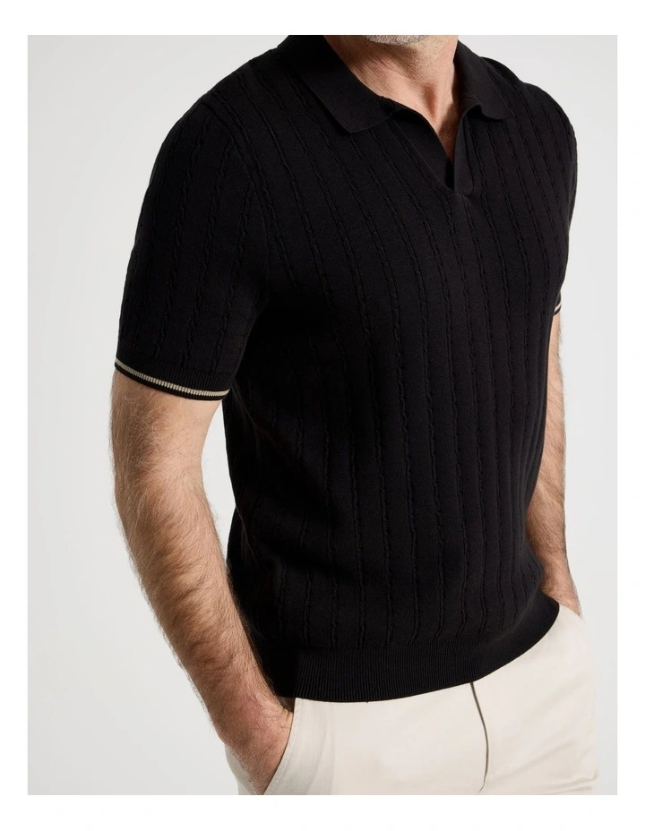 Open Collar Cable Knit Polo in Black image 3