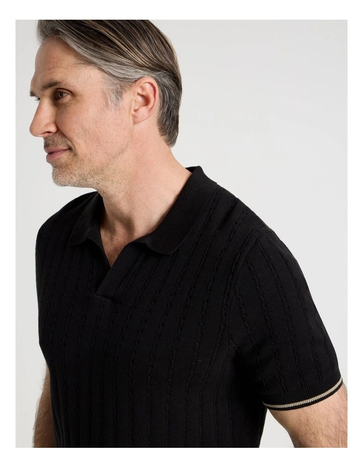Open Collar Cable Knit Polo in Black image 4