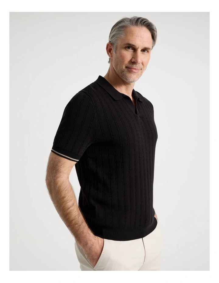 Open Collar Cable Knit Polo in Black image 5