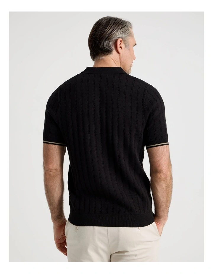 Open Collar Cable Knit Polo in Black image 6