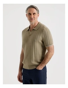 Open Collar Cable Knit Polo in Taupe
