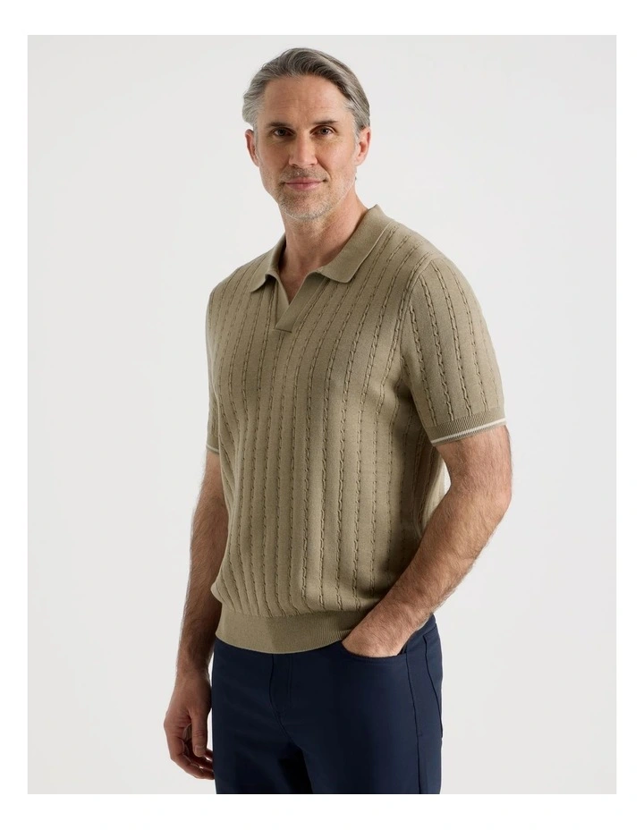 Open Collar Cable Knit Polo in Taupe image 1
