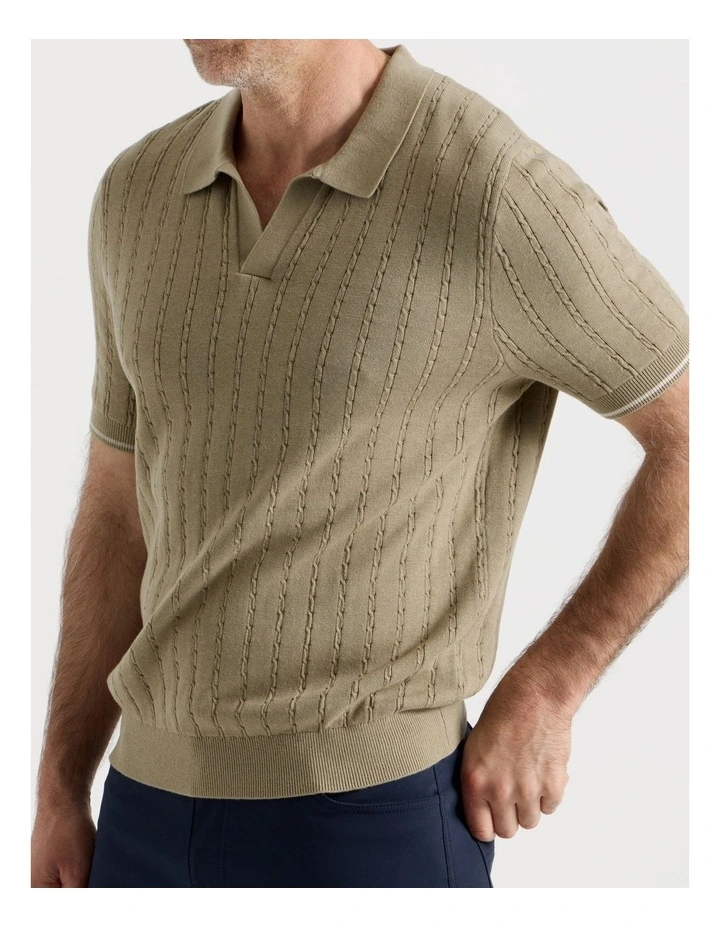 Open Collar Cable Knit Polo in Taupe image 2