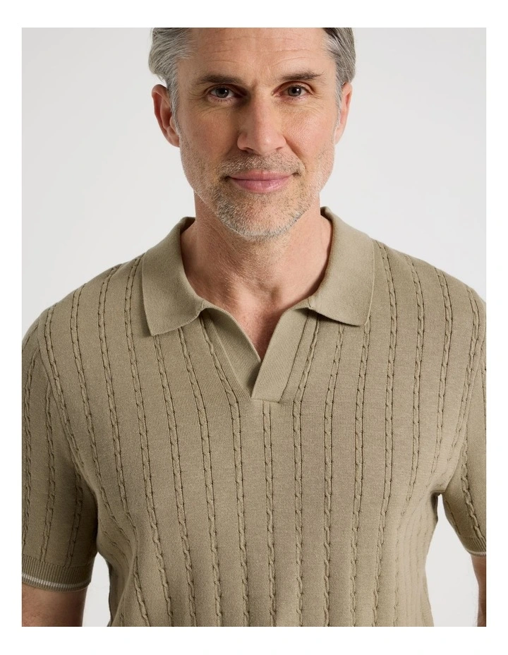 Open Collar Cable Knit Polo in Taupe image 3