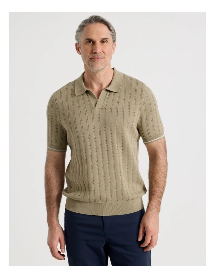 Open Collar Cable Knit Polo in Taupe image 4