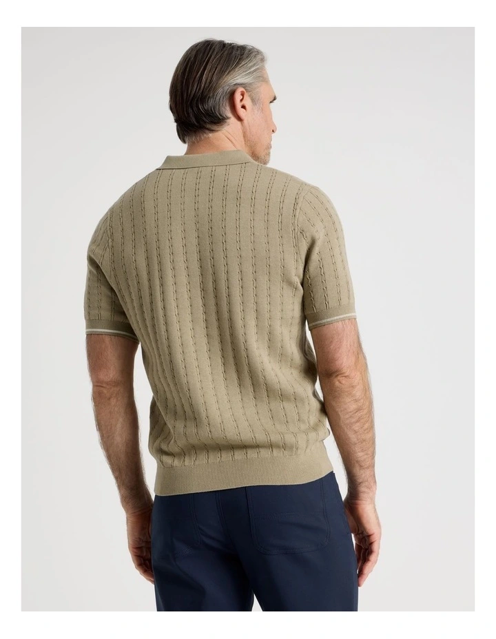 Open Collar Cable Knit Polo in Taupe image 6