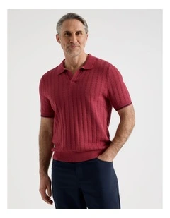 Open Collar Cable Knit Polo in Red