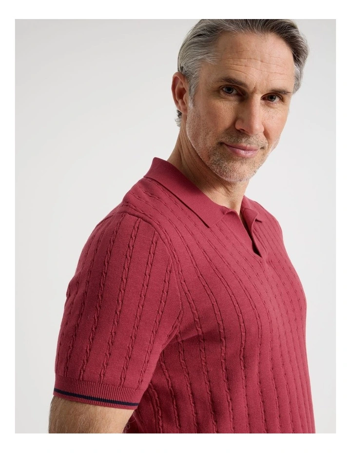 Open Collar Cable Knit Polo in Red image 2
