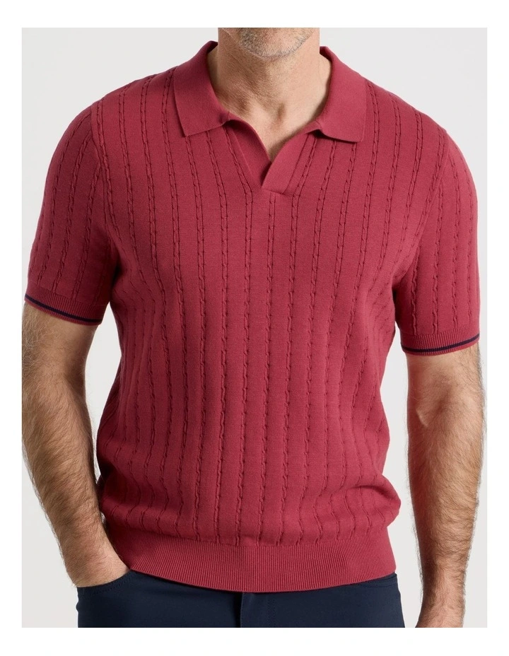 Open Collar Cable Knit Polo in Red image 3