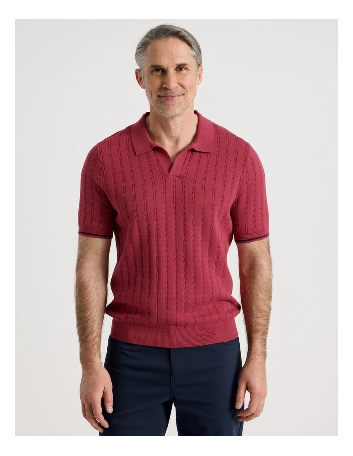 Open Collar Cable Knit Polo in Red image 5