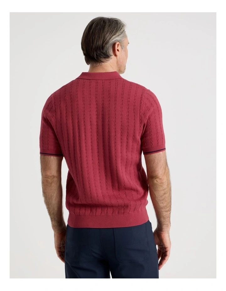 Open Collar Cable Knit Polo in Red image 6