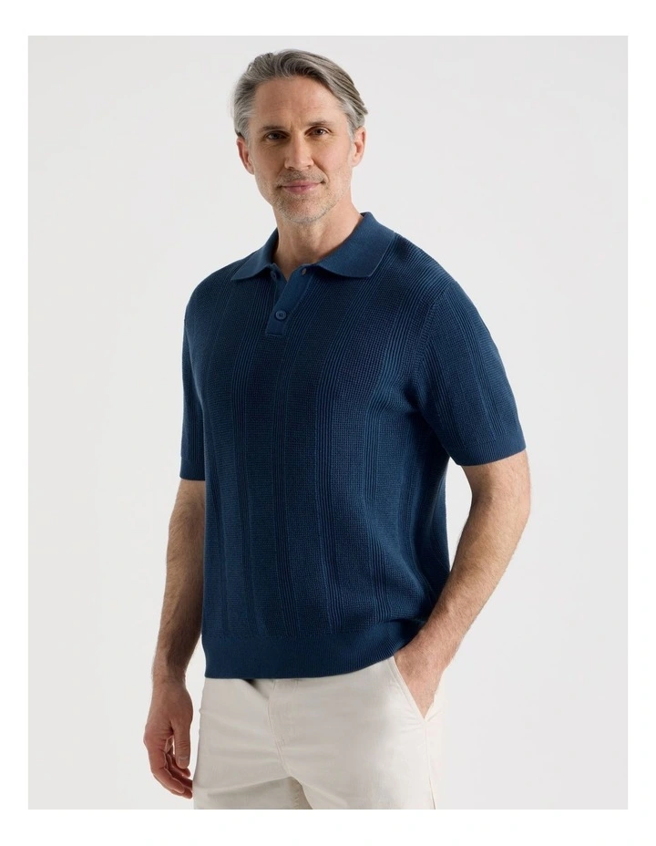Textured Knit Polo in Blue image 3