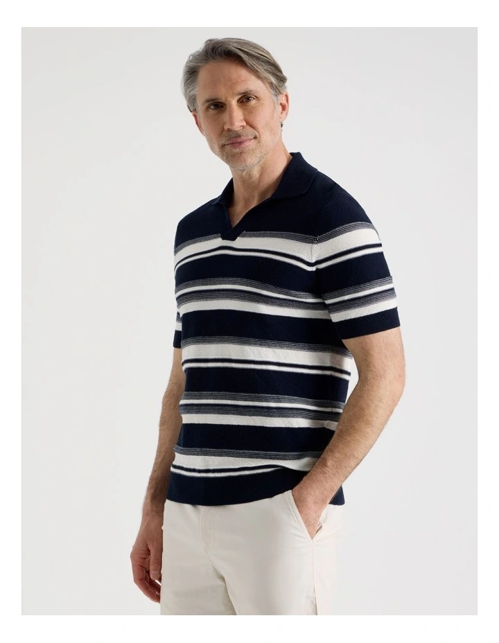 Open Collar Knit Polo in Blue Stripe image 1