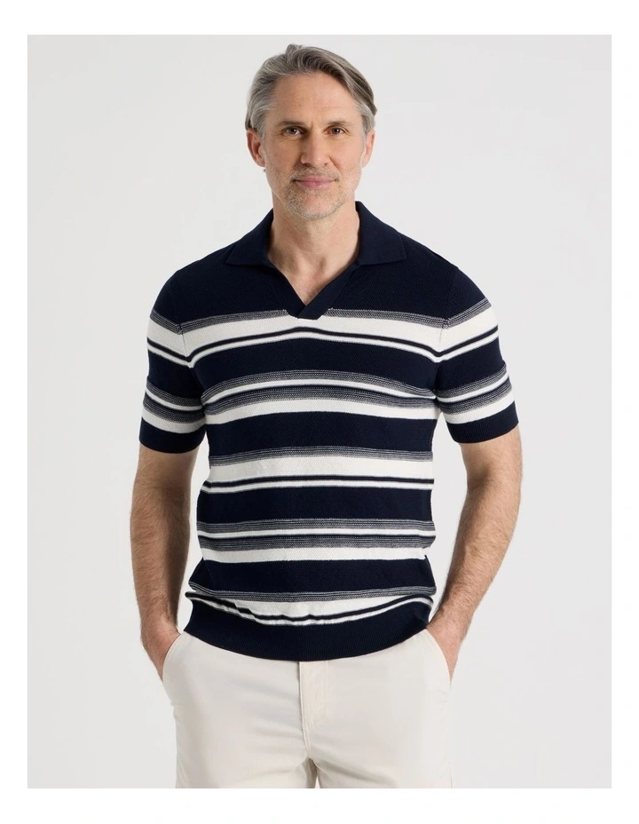 Open Collar Knit Polo in Blue Stripe image 3