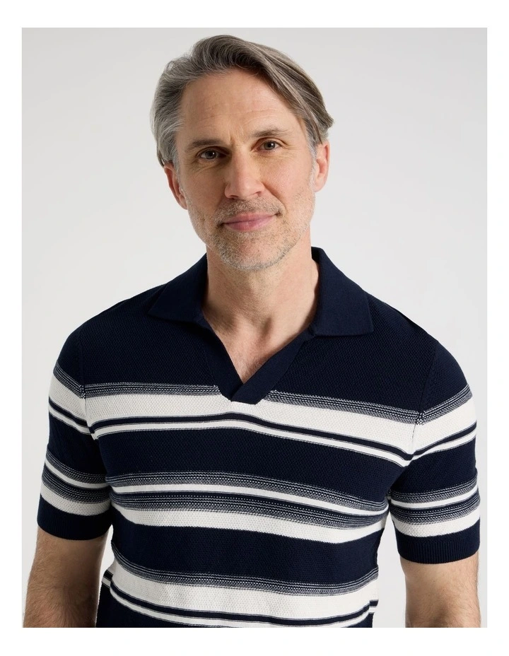 Open Collar Knit Polo in Blue Stripe image 5