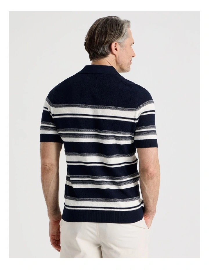 Open Collar Knit Polo in Blue Stripe image 6