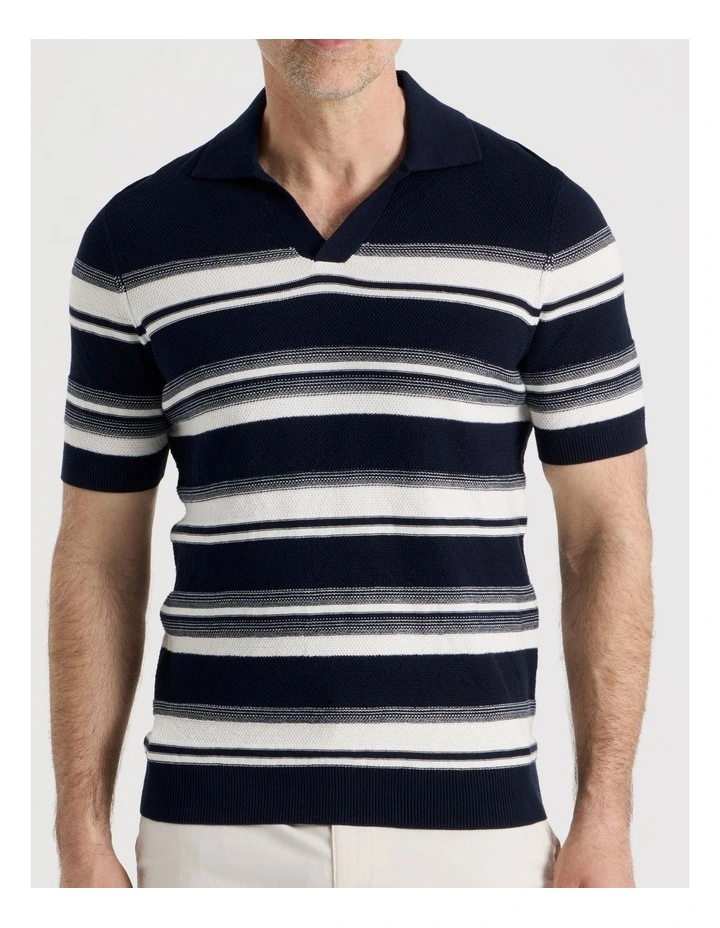 Open Collar Knit Polo in Blue Stripe image 7