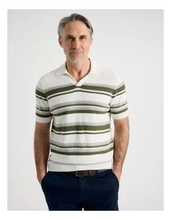Open Collar Stripe Knit Polo in Sage
