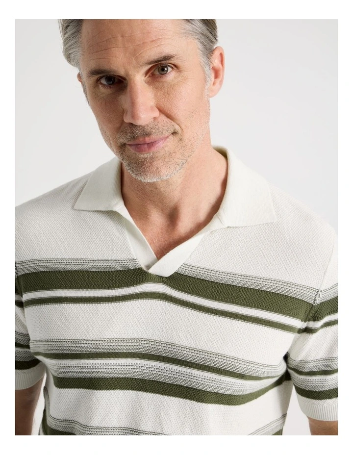 Open Collar Stripe Knit Polo in Sage image 3