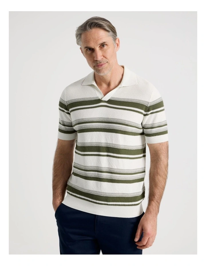 Open Collar Stripe Knit Polo in Sage image 5