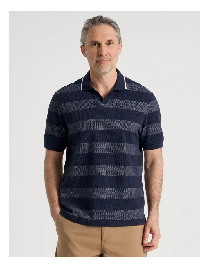 Open Collar Polo in Blue Block Stripe image 1