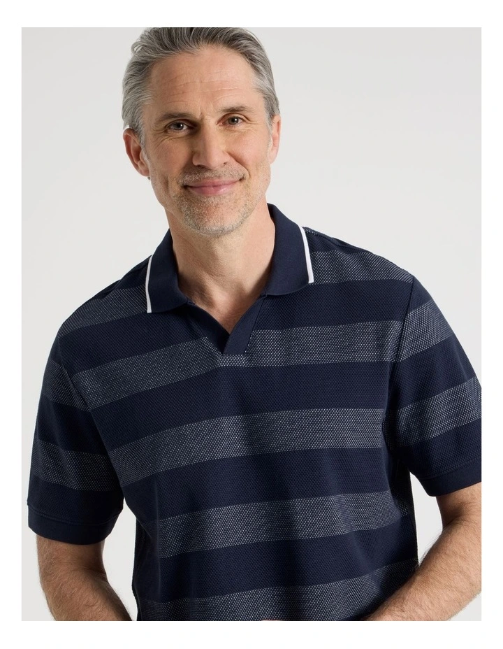 Open Collar Polo in Blue Block Stripe image 2
