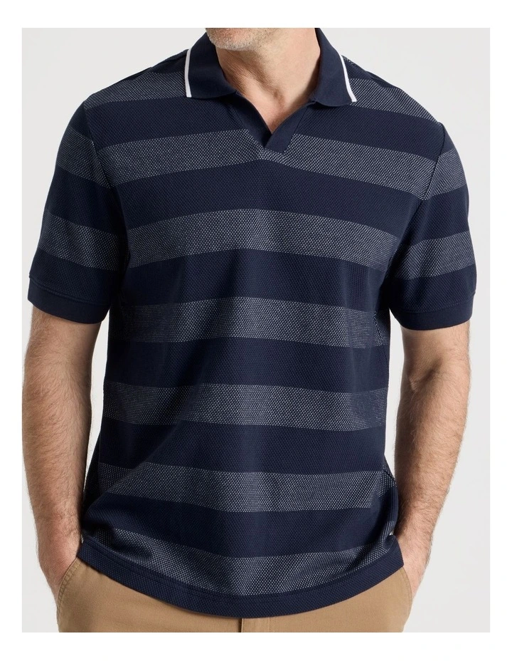 Open Collar Polo in Blue Block Stripe image 4