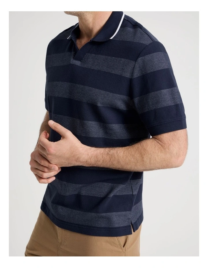 Open Collar Polo in Blue Block Stripe image 5
