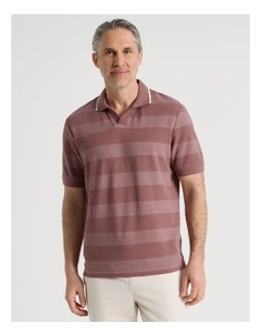 Open Collar Polo in Claret Block Stripe