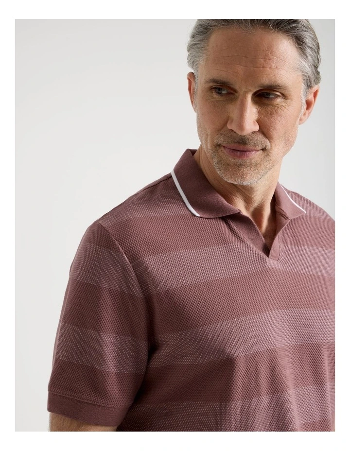 Open Collar Polo in Claret Block Stripe image 2