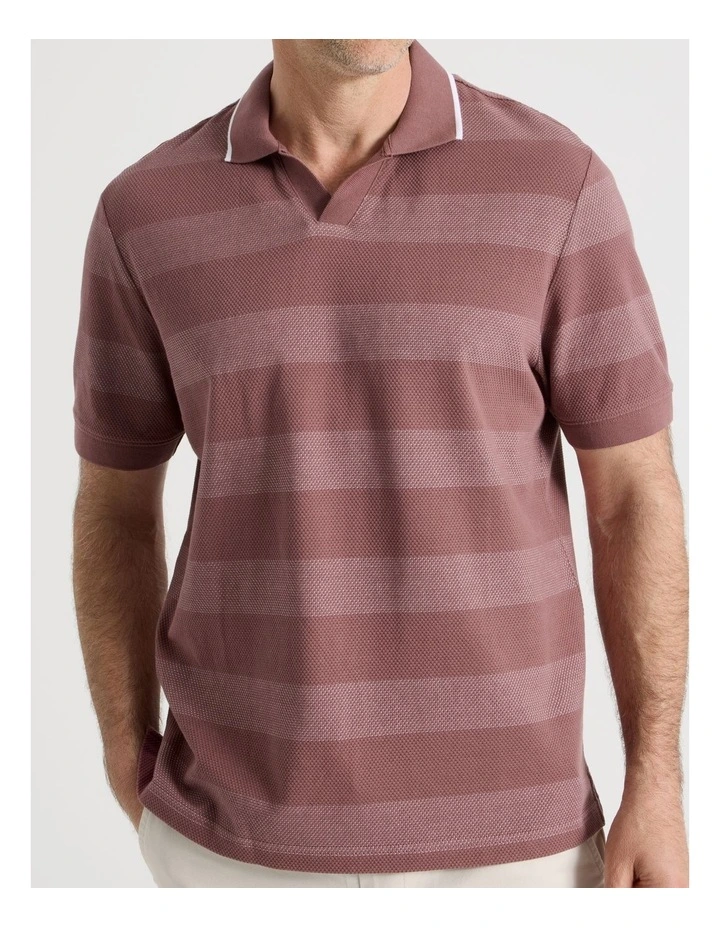 Open Collar Polo in Claret Block Stripe image 4