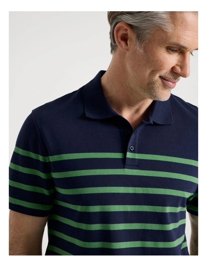 Breton Knit Polo in Navy and Green Stripe image 1