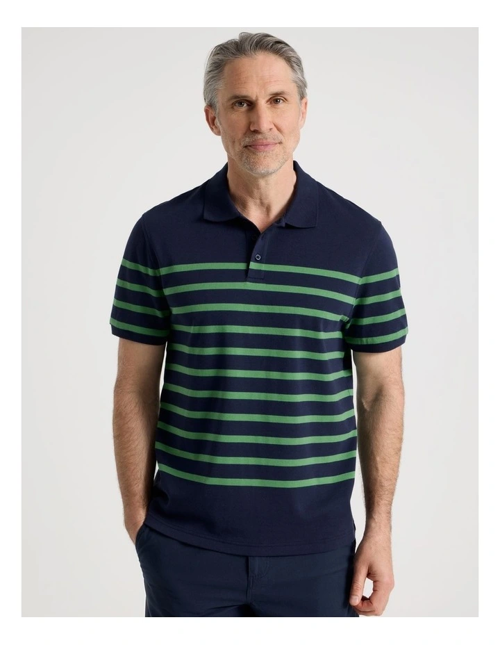 Breton Knit Polo in Navy and Green Stripe image 2