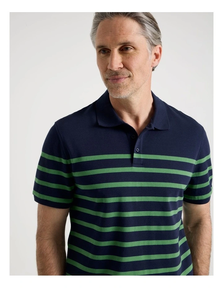 Breton Knit Polo in Navy and Green Stripe image 3
