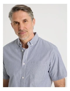 Short Sleeve Striped Poplin Shirt in Navy