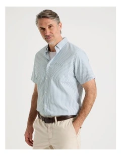 Short Sleeve Striped Poplin Shirt in Light Green