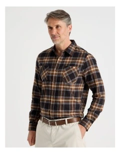 Long Sleeve Flannel Check Shirt in Tan