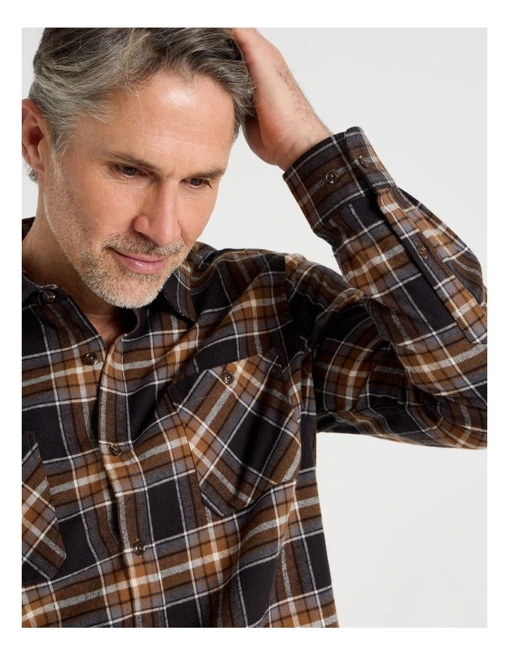 Long Sleeve Flannel Check Shirt in Tan image 3