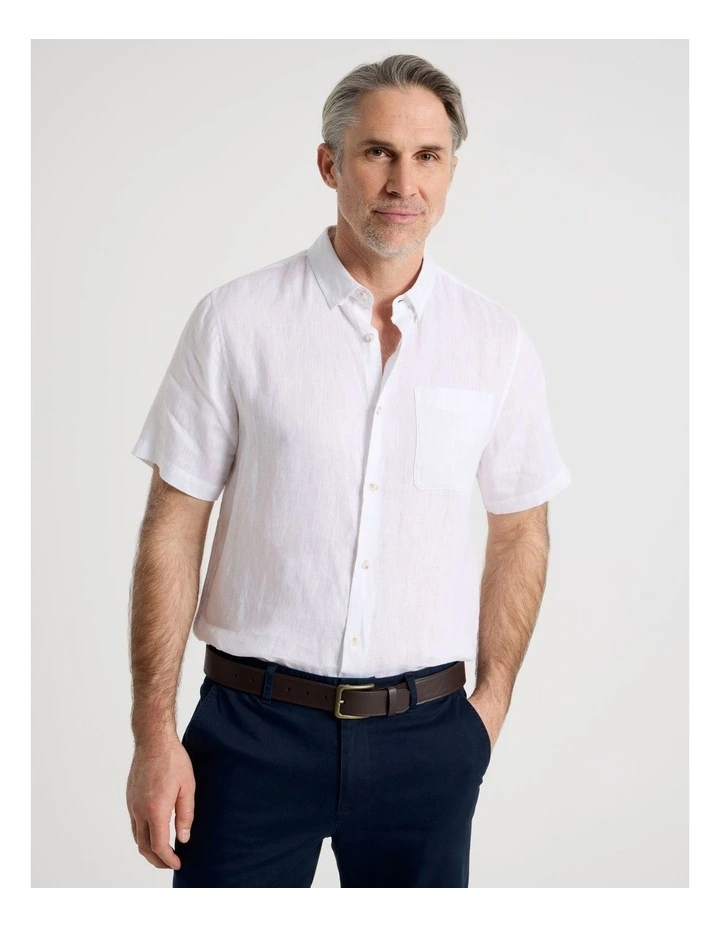 Short Sleeve Linen Shirt in White image 3